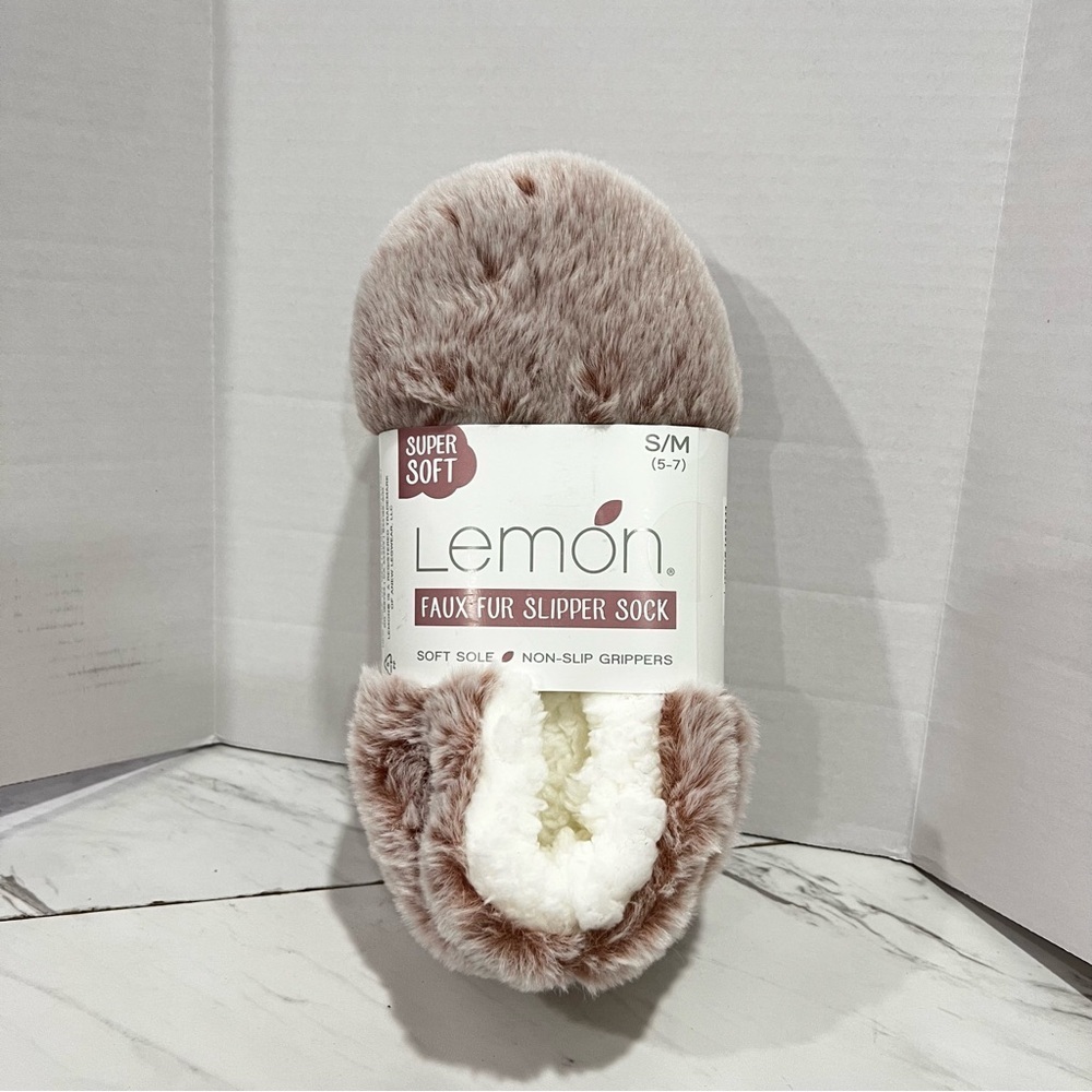 Lemon Plush Slipper Sock Super Soft Faux Fur Size S/M (5-7) Sherpa Lined Pink